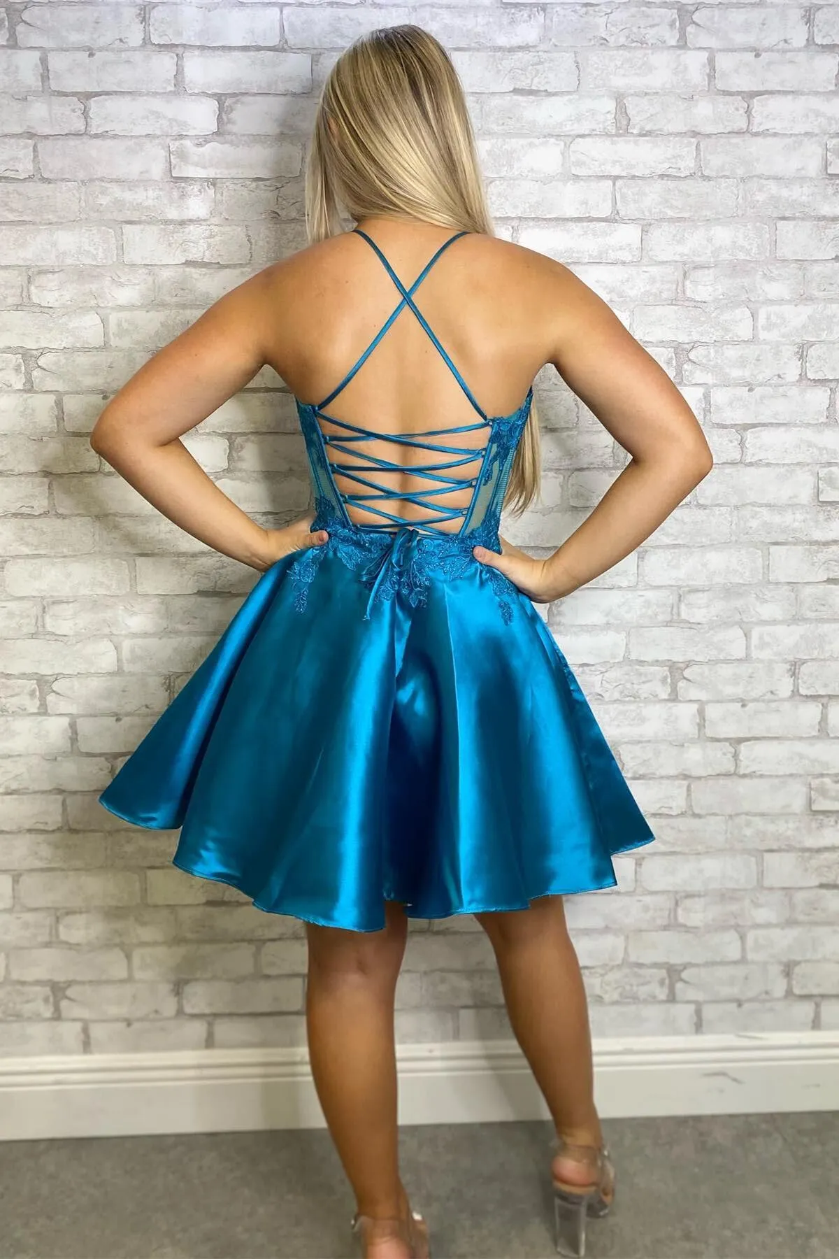 Straps Blue Appliques Satin A-line Short Dress