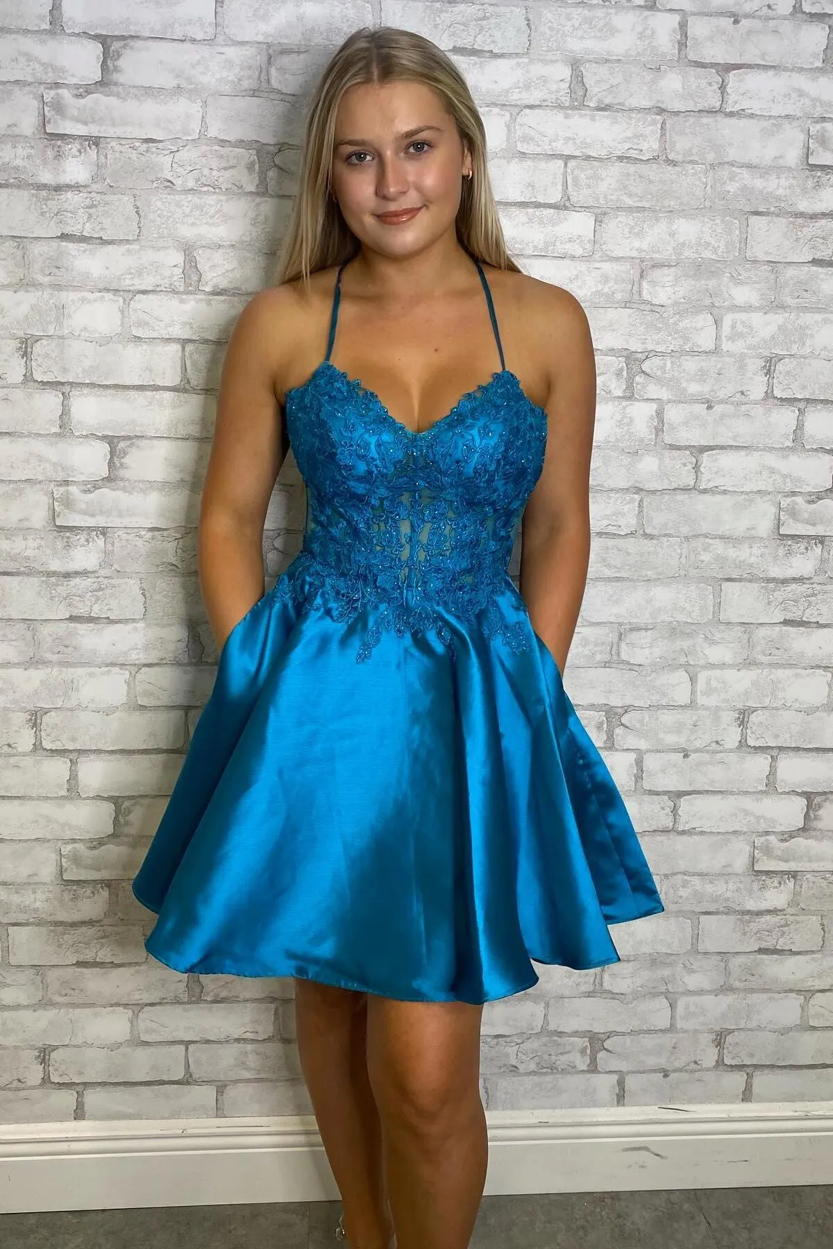 Straps Blue Appliques Satin A-line Short Dress