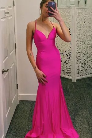 Straps Hot Pink Mermaid Simple Long Prom Dress