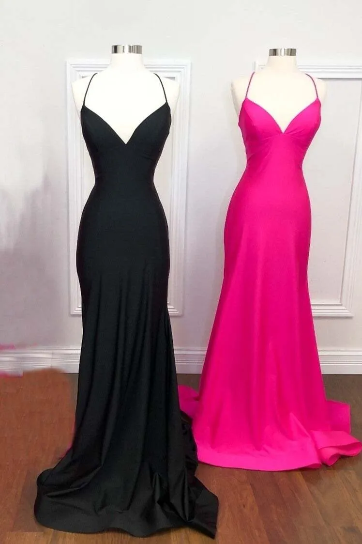 Straps Hot Pink Mermaid Simple Long Prom Dress