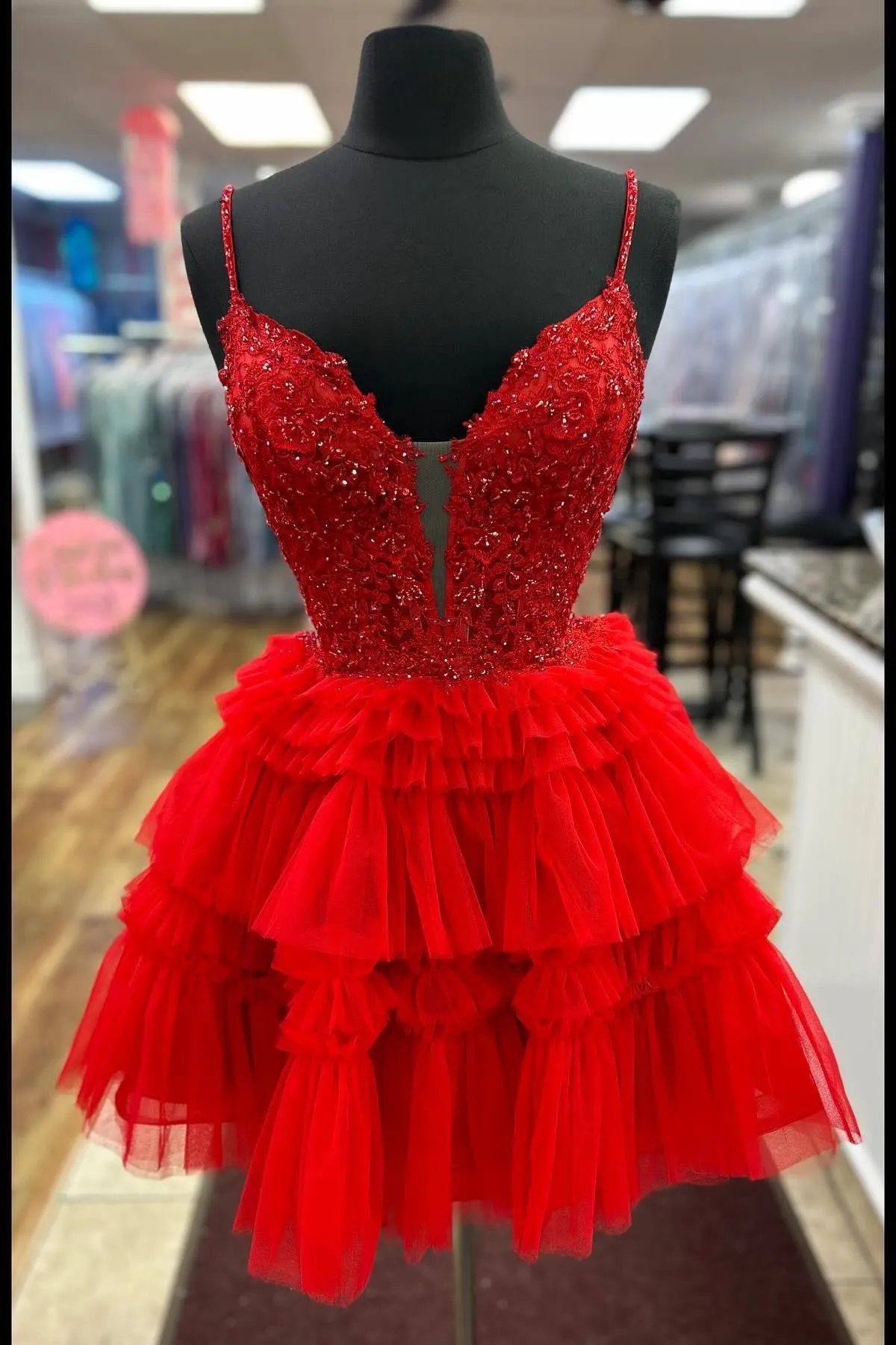 Straps Royal Blue Appliques Tiered Ruffle Short Party Dress
