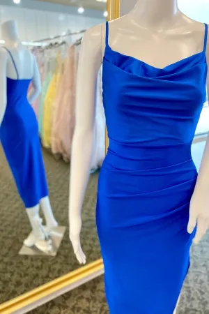 Straps Royal Blue Cowl Neck Midi Length Dress
