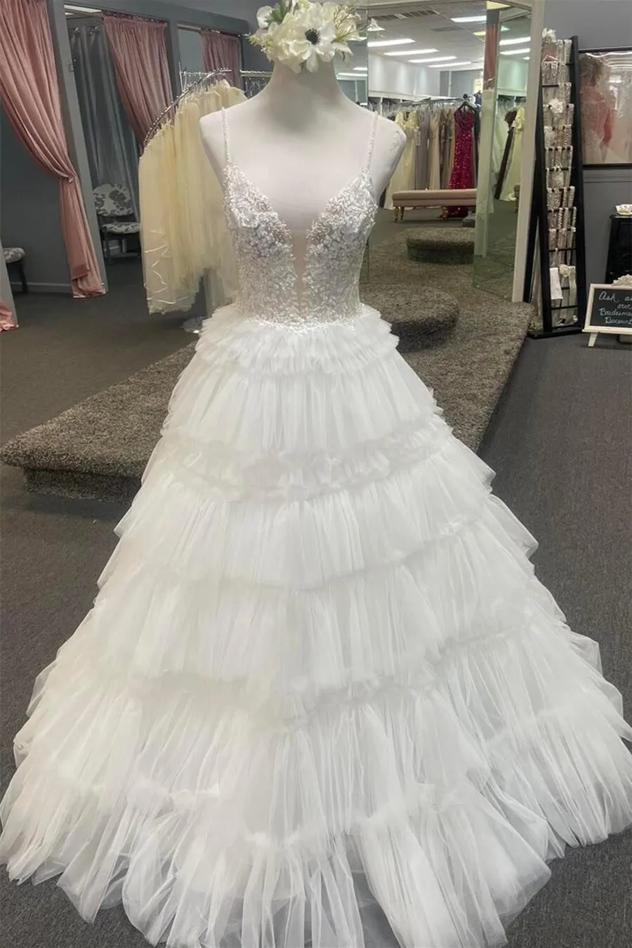 Straps White Lace and Tulle Tiered Ruffles Long Prom Dress