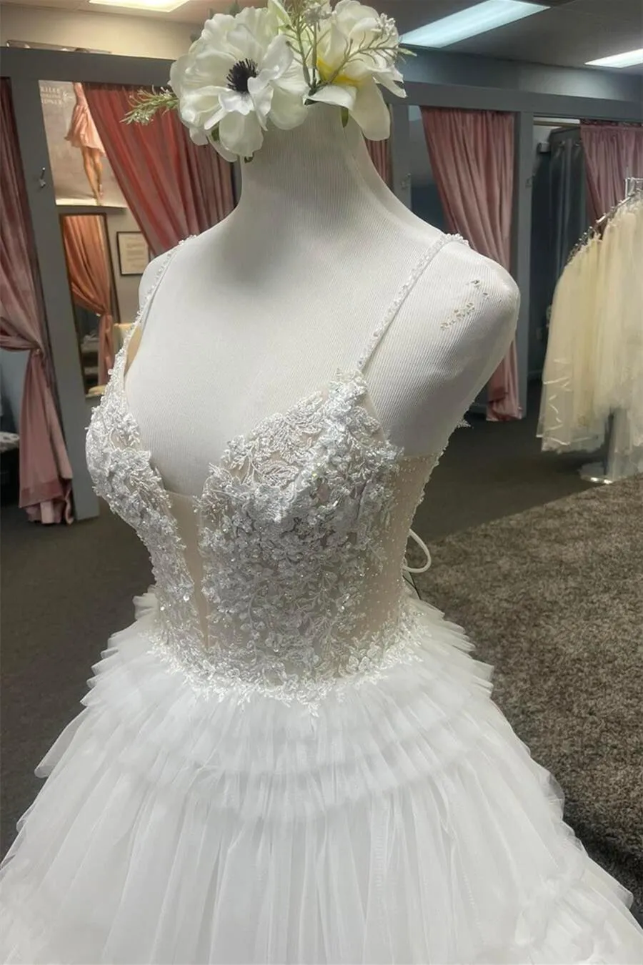 Straps White Lace and Tulle Tiered Ruffles Long Prom Dress