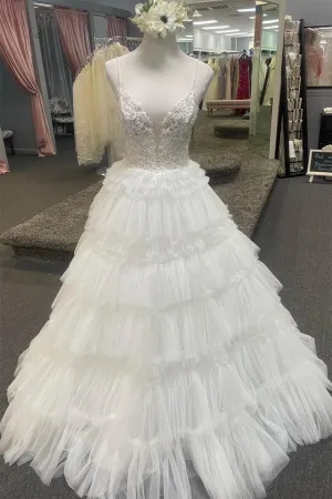 Straps White Lace and Tulle Tiered Ruffles Long Prom Dress