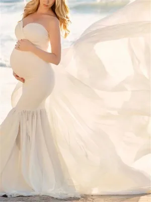Sweetheart Neckline Strapless Front Ruched Design Tulle Mermaid Maternity Evening Gown