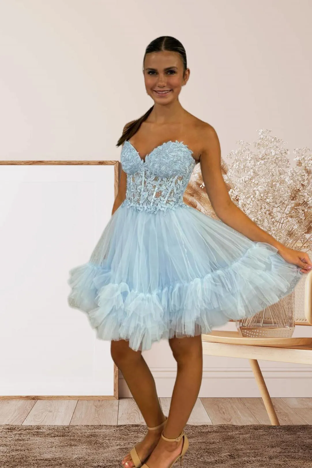 Sweetheart Red Corset Appliques Short homecoming Dress