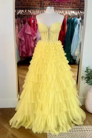Sweetheart Yellow Lace and Tulle Tiered Formal Dress