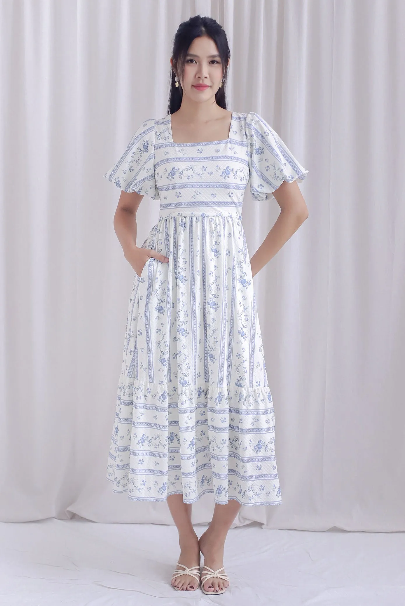 Talulla Stripes Floral Puffy Sleeve Dress In Blue