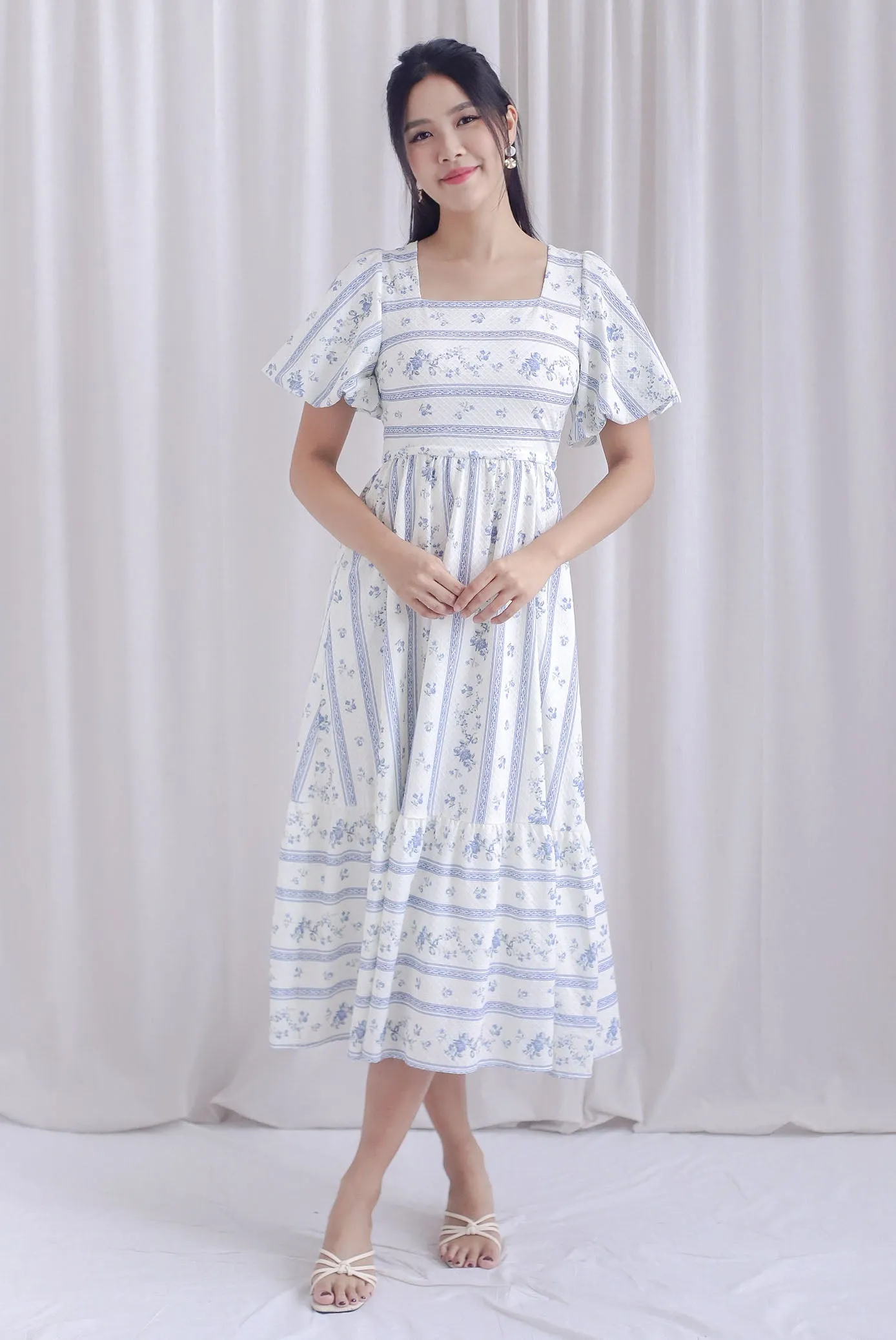 Talulla Stripes Floral Puffy Sleeve Dress In Blue