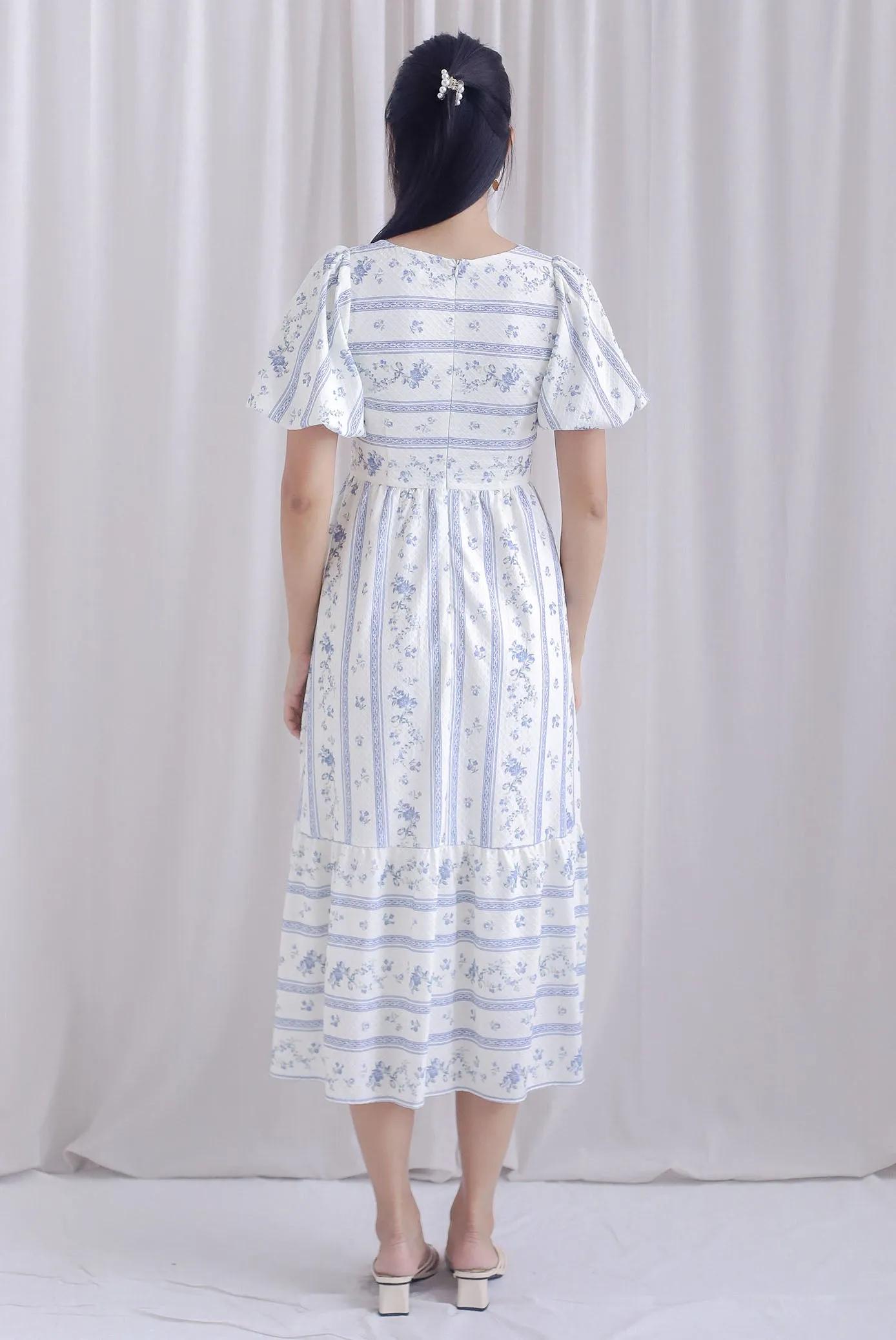 Talulla Stripes Floral Puffy Sleeve Dress In Blue