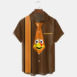 Thanksgiving Turkey Print Bowling Breast Pocket Short Sleeve Shirt