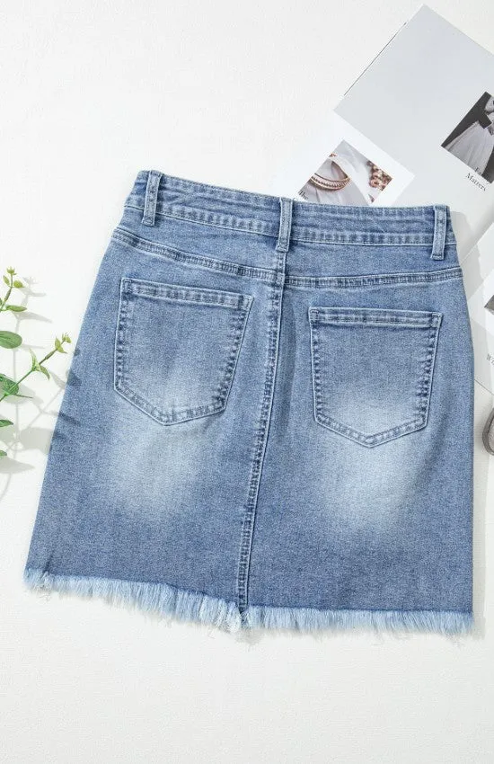 The Heartbreaker Skirt – Distressed Raw Hem Denim with Heart Detail