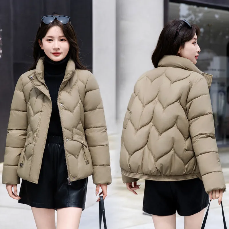 Thickened Quilted Puffer Jacket for Women with Elastic Hem Enclosure
