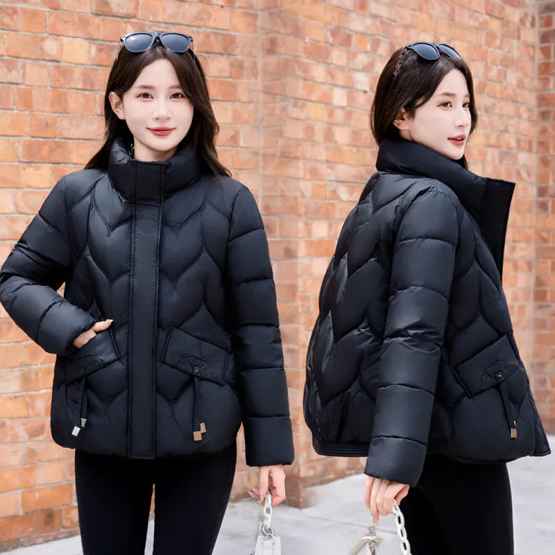 Thickened Quilted Puffer Jacket for Women with Elastic Hem Enclosure