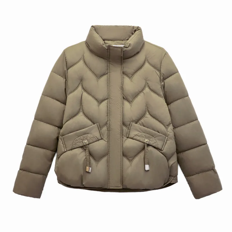 Thickened Quilted Puffer Jacket for Women with Elastic Hem Enclosure