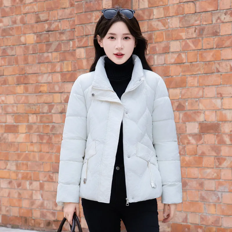 Thickened Quilted Puffer Jacket for Women with Elastic Hem Enclosure