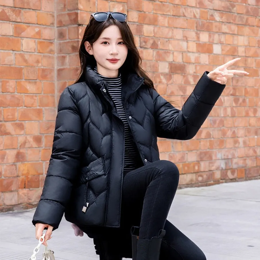 Thickened Quilted Puffer Jacket for Women with Elastic Hem Enclosure