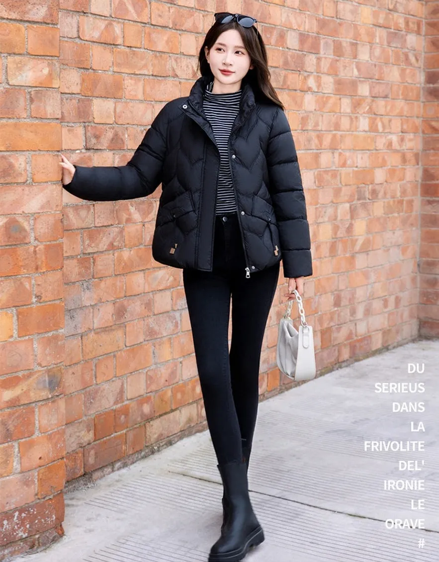 Thickened Quilted Puffer Jacket for Women with Elastic Hem Enclosure