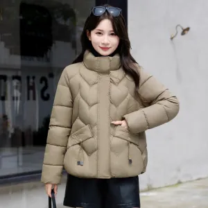 Thickened Quilted Puffer Jacket for Women with Elastic Hem Enclosure