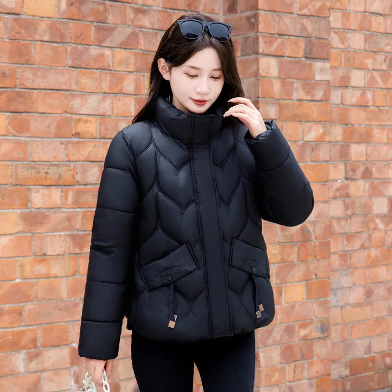 Thickened Quilted Puffer Jacket for Women with Elastic Hem Enclosure
