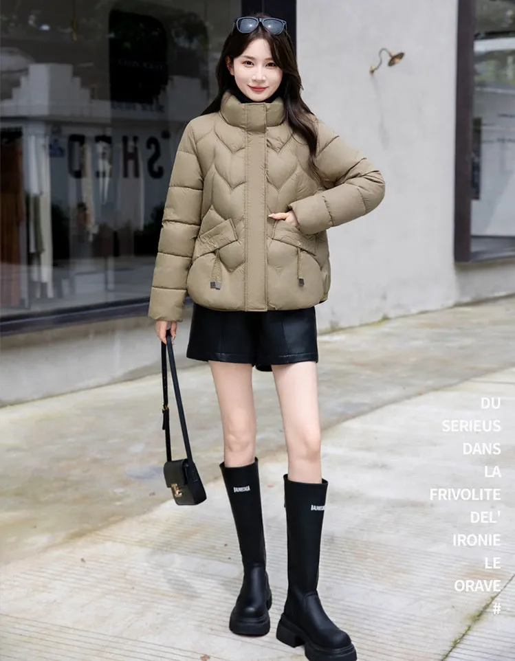 Thickened Quilted Puffer Jacket for Women with Elastic Hem Enclosure