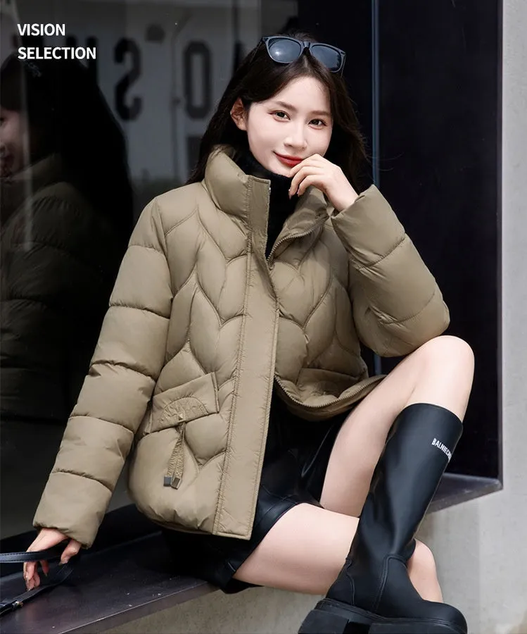 Thickened Quilted Puffer Jacket for Women with Elastic Hem Enclosure