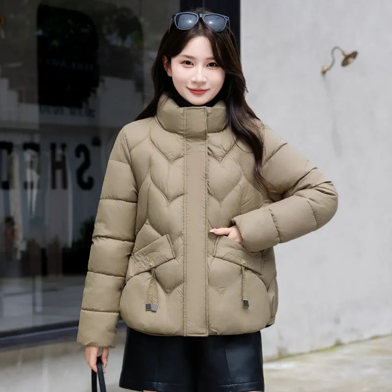 Thickened Quilted Puffer Jacket for Women with Elastic Hem Enclosure