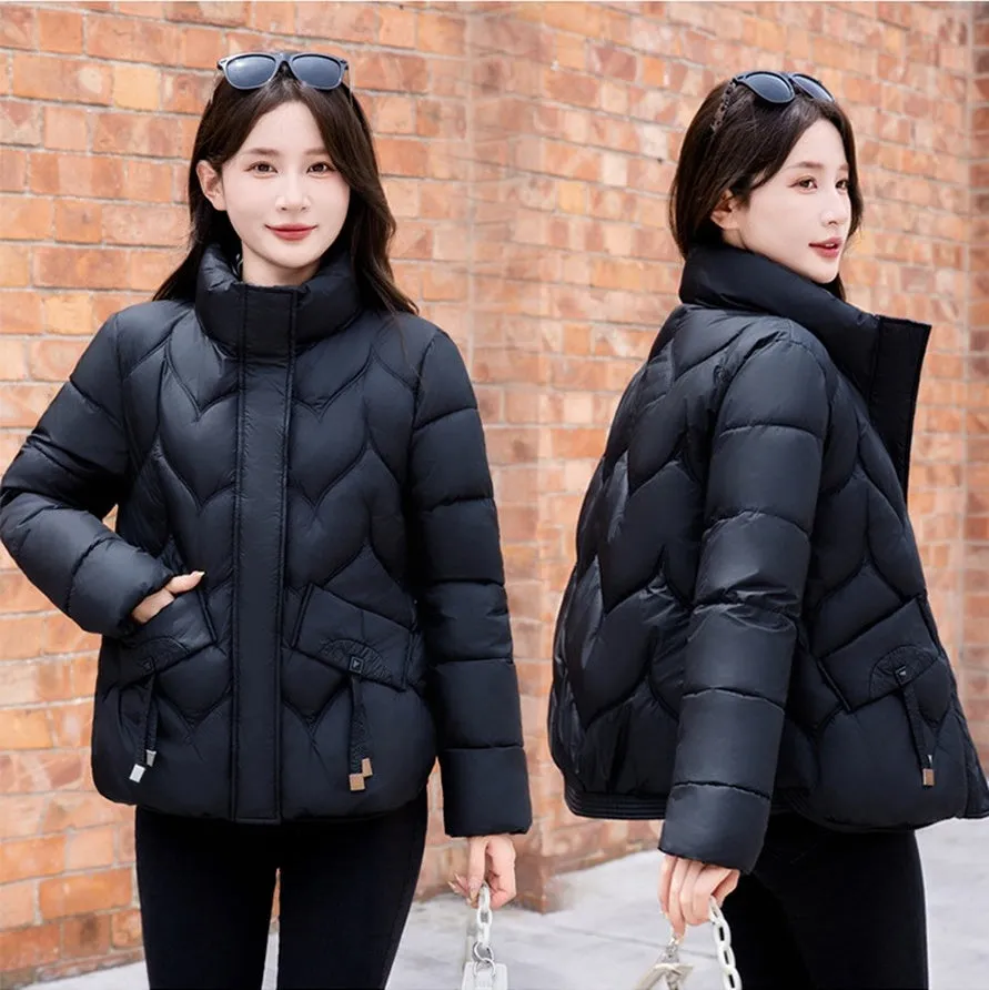 Thickened Quilted Puffer Jacket for Women with Elastic Hem Enclosure