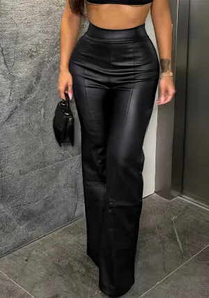 Trendy PU-Leather Bell Bottom Trousers with Retro-Chic Flair