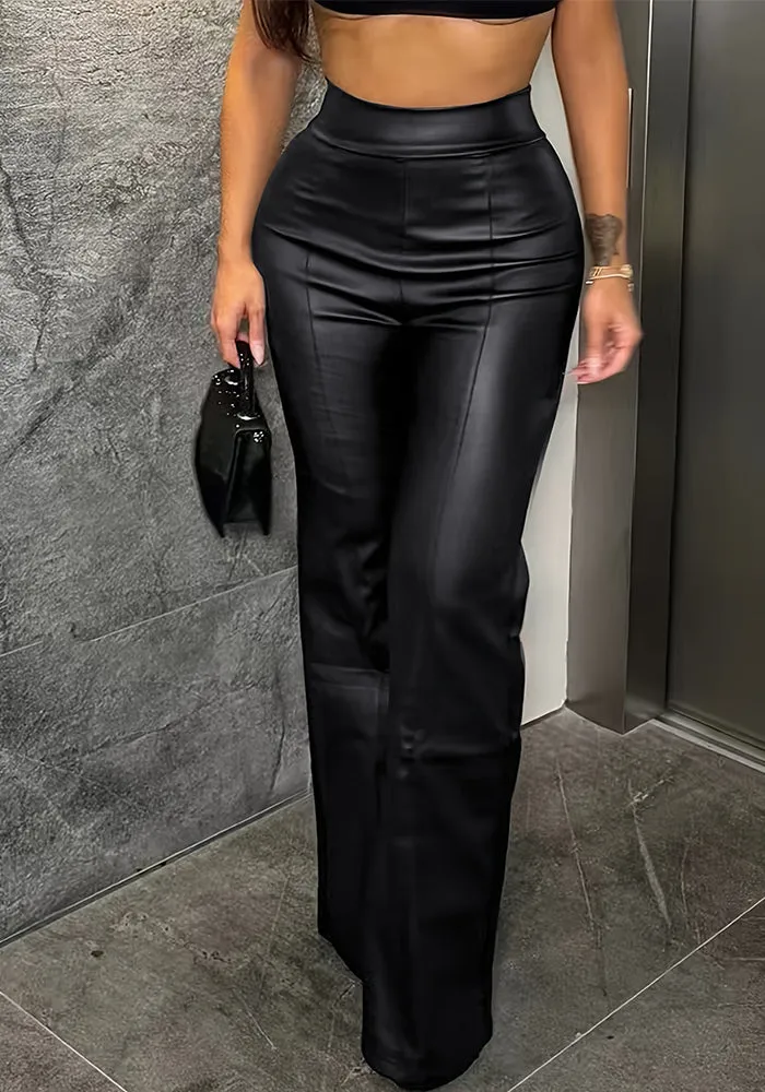 Trendy PU-Leather Bell Bottom Trousers with Retro-Chic Flair