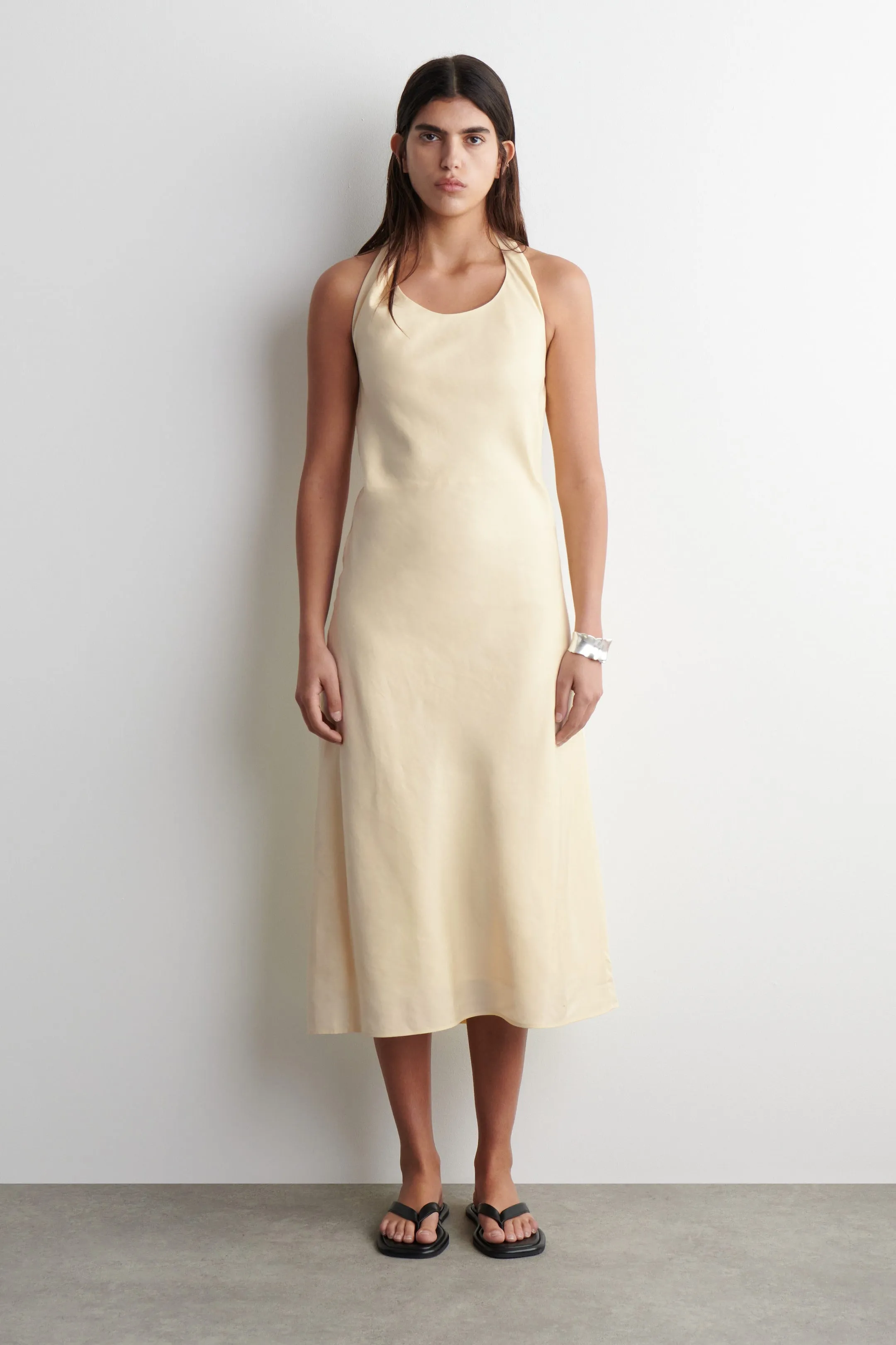 Twisted linen-blend halterneck dress