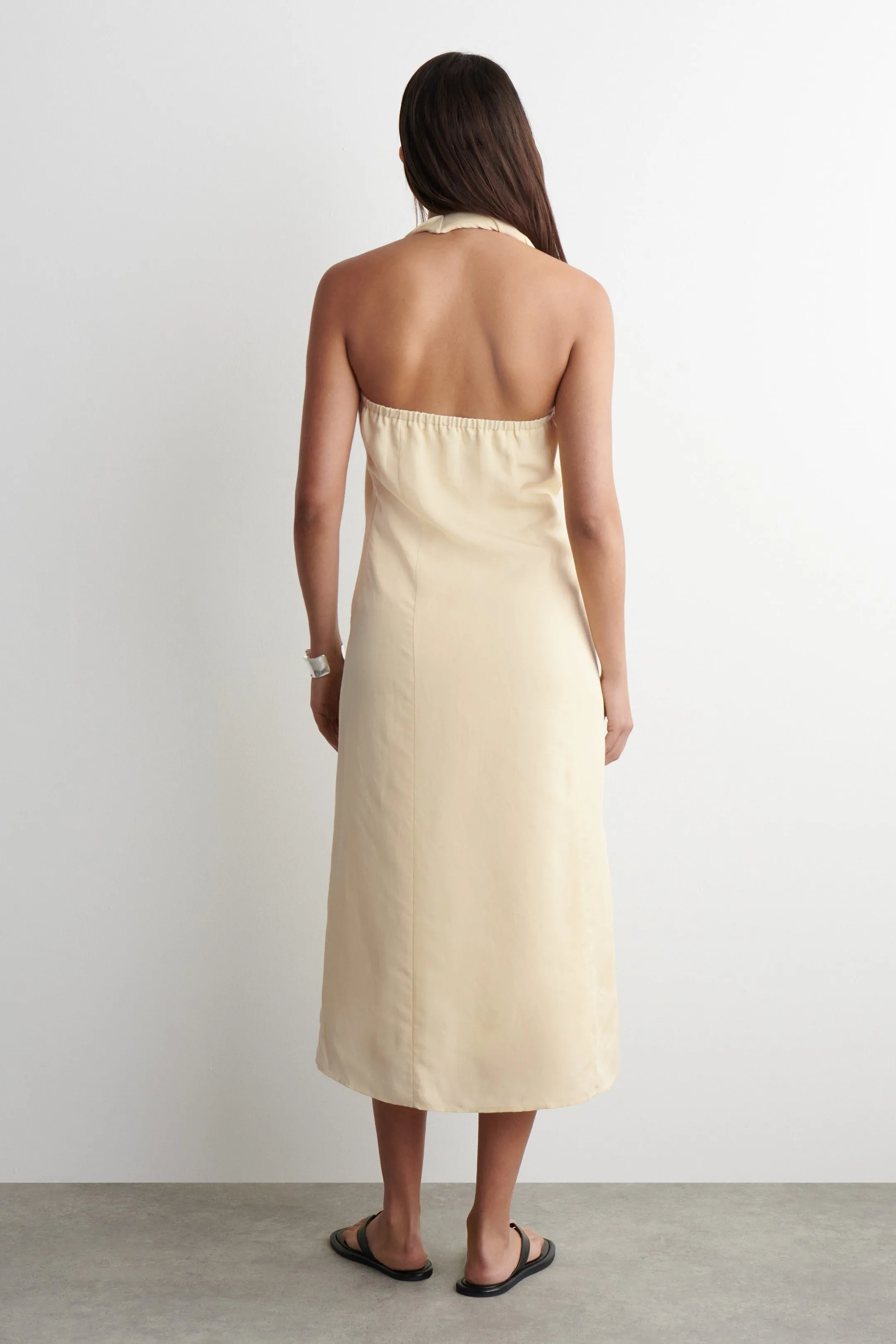Twisted linen-blend halterneck dress