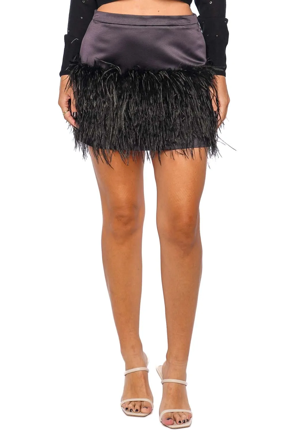 Vivette Black Satin Feathered Mini Skirt