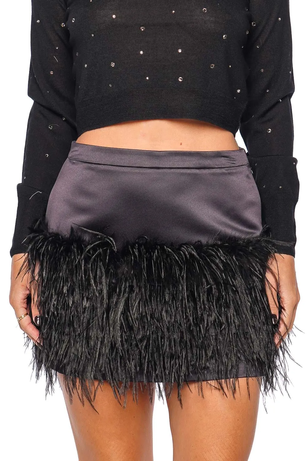 Vivette Black Satin Feathered Mini Skirt