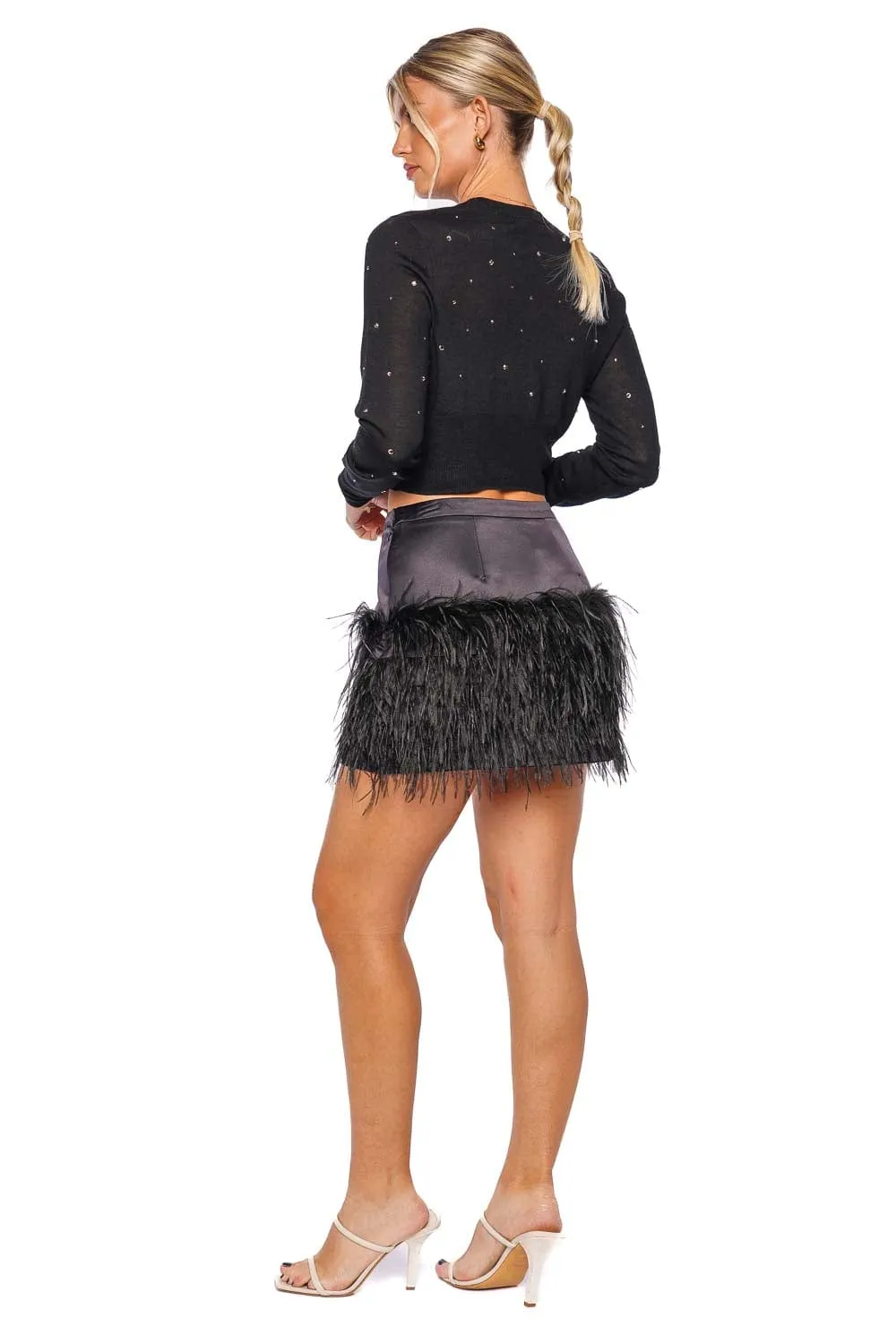 Vivette Black Satin Feathered Mini Skirt