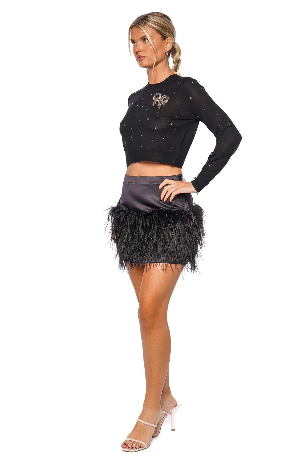 Vivette Black Satin Feathered Mini Skirt
