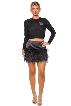 Vivette Black Satin Feathered Mini Skirt