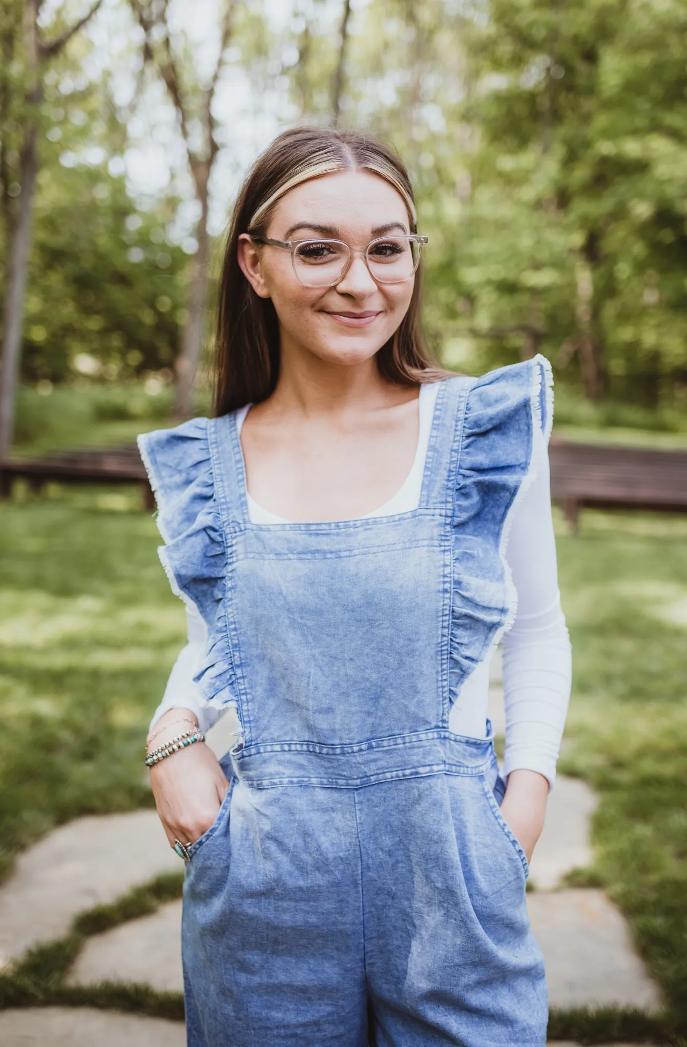 Washed Denim Overall Flutter Jumpsuit