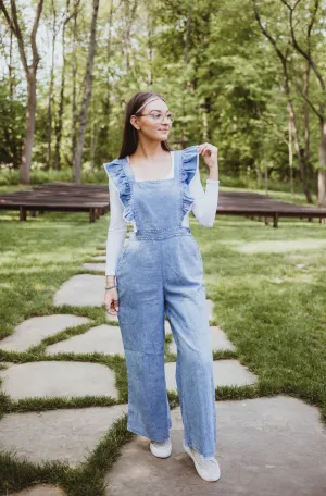 Washed Denim Overall Flutter Jumpsuit
