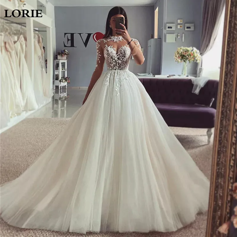 Wedding Dresses A Line High Neck Bridal Dress Appliqued Lace Wedding Gowns