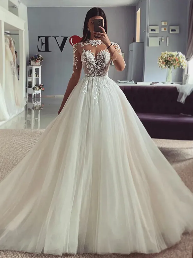 Wedding Dresses A Line High Neck Bridal Dress Appliqued Lace Wedding Gowns