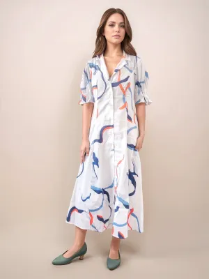 White Abstract Printed Straight Fit Midi Dress
