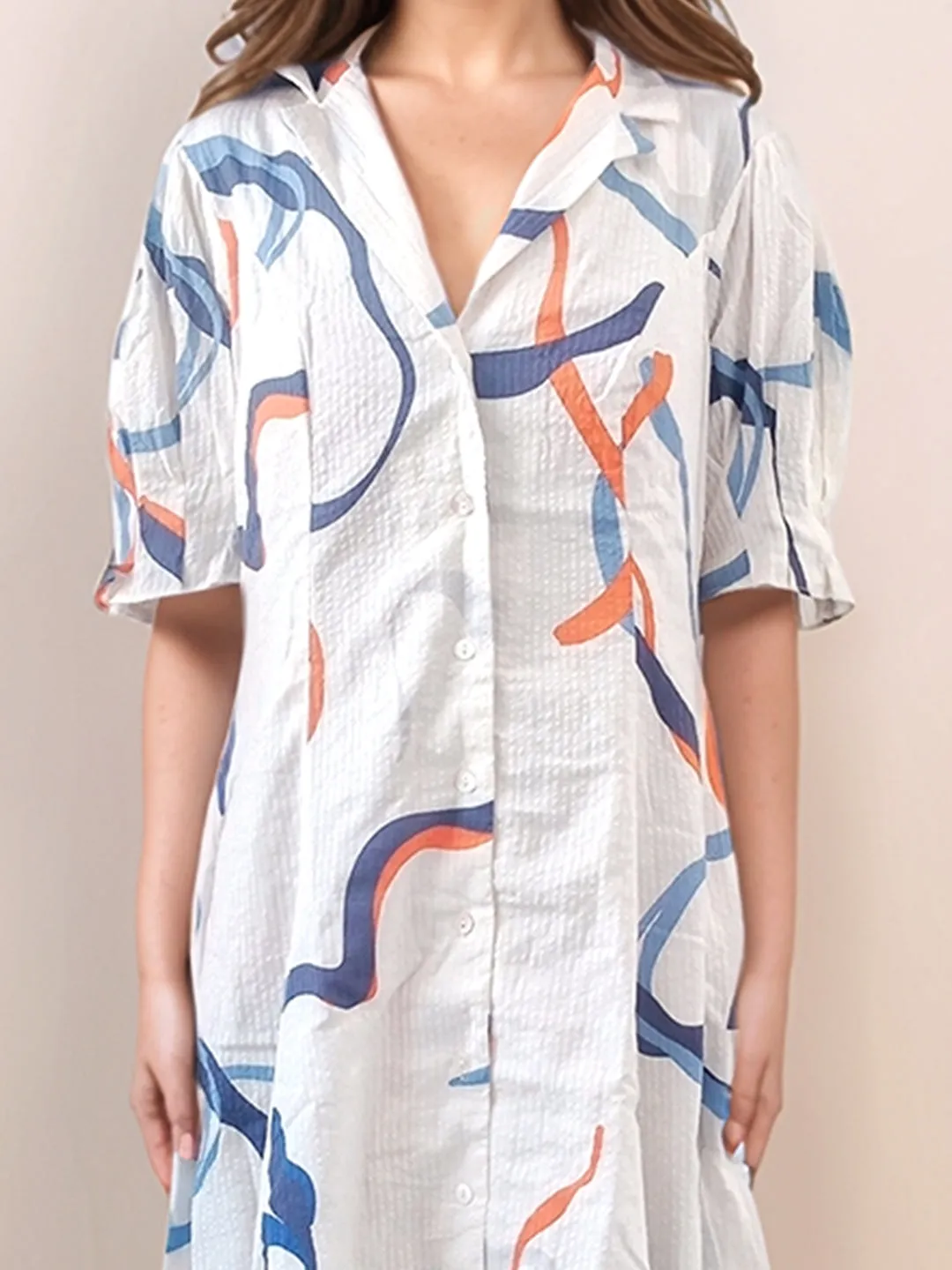 White Abstract Printed Straight Fit Midi Dress