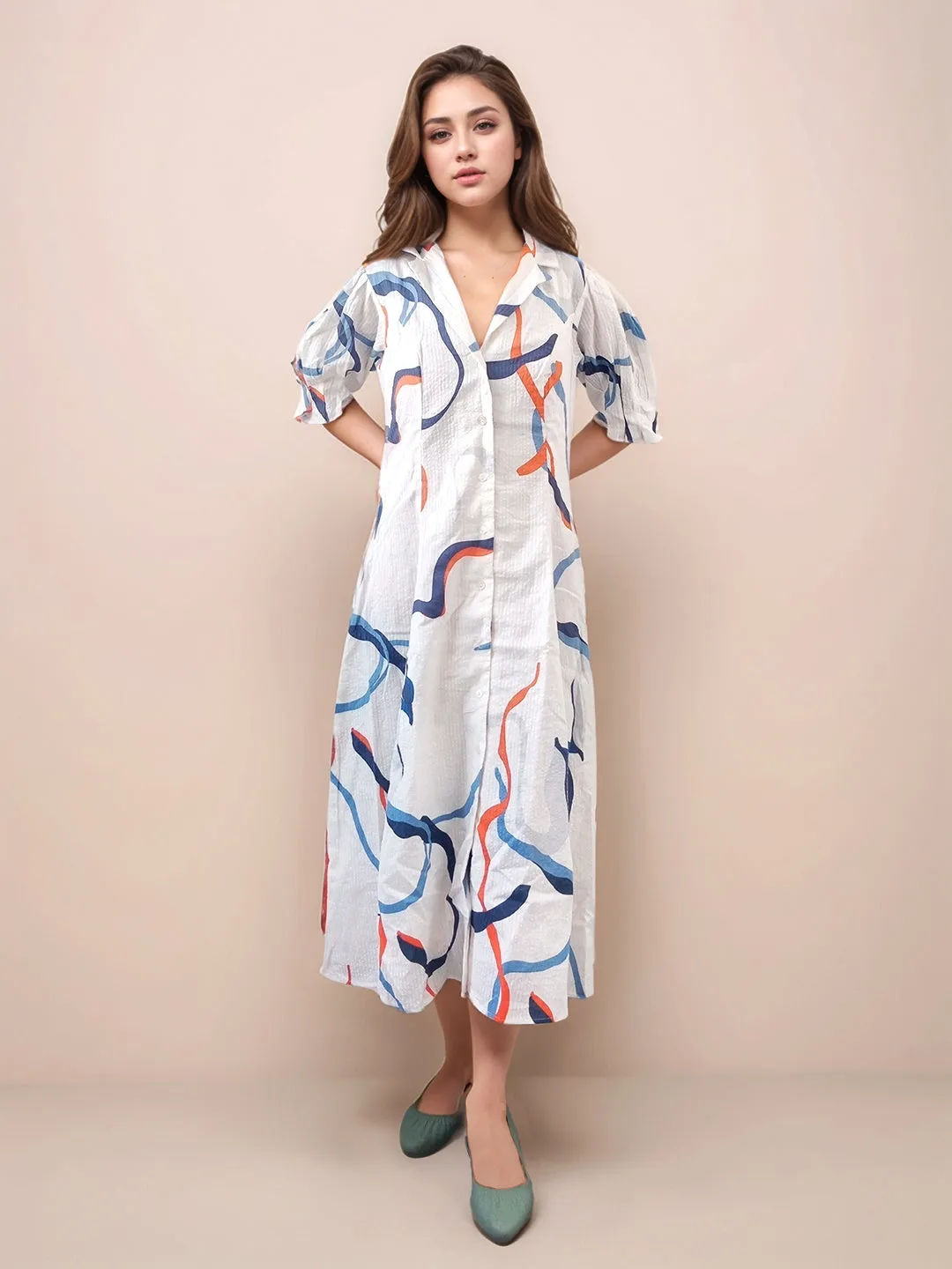 White Abstract Printed Straight Fit Midi Dress