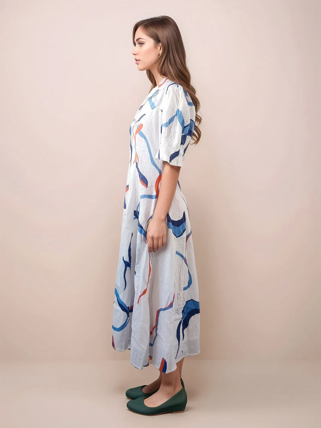 White Abstract Printed Straight Fit Midi Dress