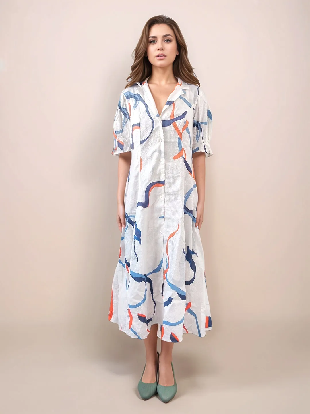 White Abstract Printed Straight Fit Midi Dress