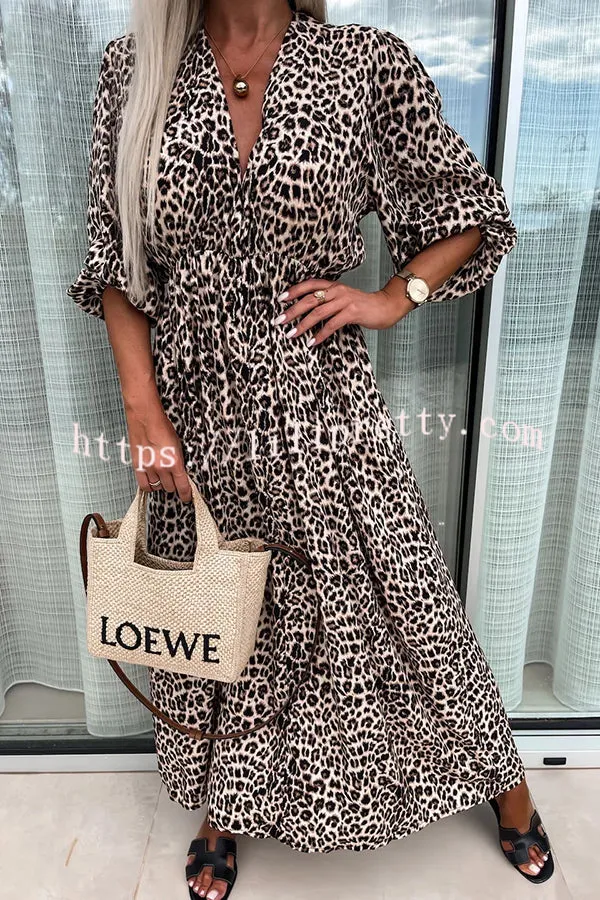 Wild Jungle Leopard Print Stretchy Waist Back Tie-up Maxi Dress