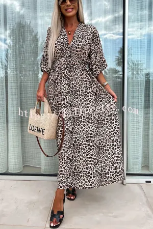 Wild Jungle Leopard Print Stretchy Waist Back Tie-up Maxi Dress
