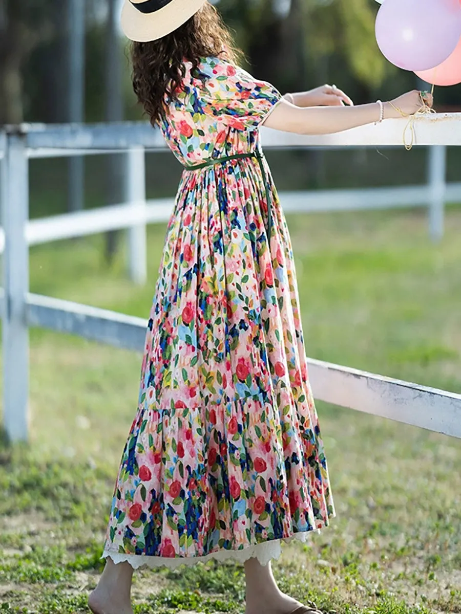 Women Summer Artsy Floral Turn-down Collar 100%Cotton Dress